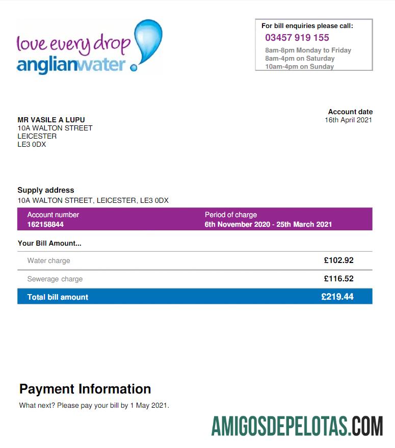 Para baixar modelo Word e PDF de conta de serviços públicos da ÁGUA ANGLIAN DOS EUA